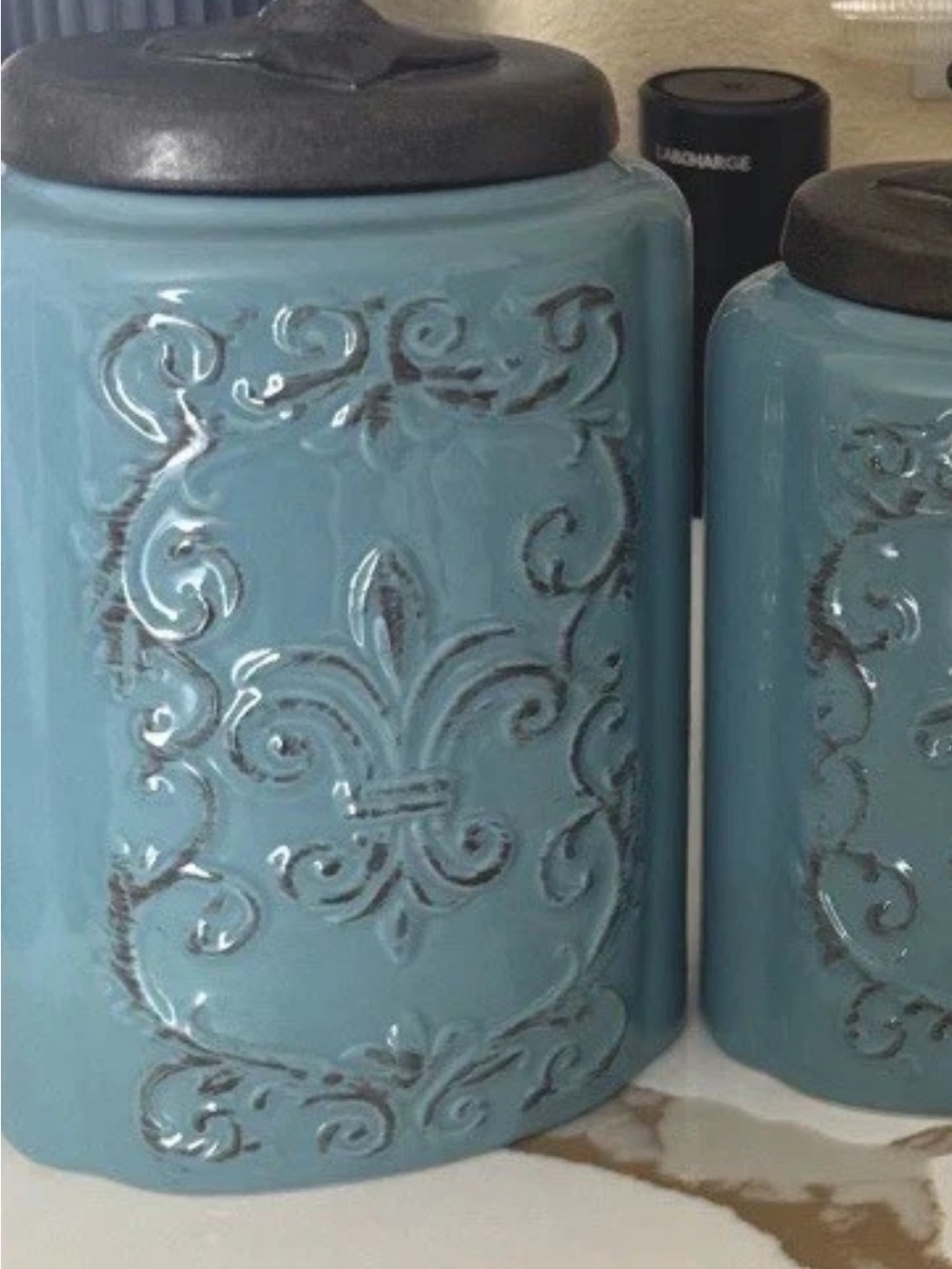 Blue Ceramic Fleur-de-Lis Canister with Dark Lid - Home Accents